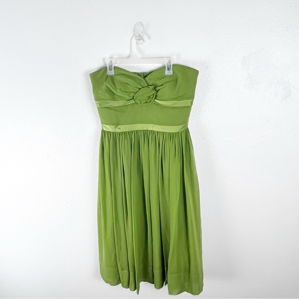 KAY UNGER 100% Silk Green Strapless Pleated Rose Accent Dress 10 Wedding Fairy